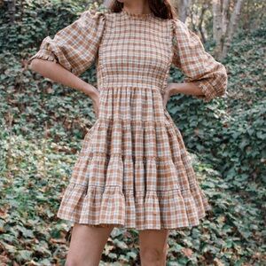 DOEN Medina Smocked Plaid Tiered Puff Sleeve Cottagecore Mini Dress